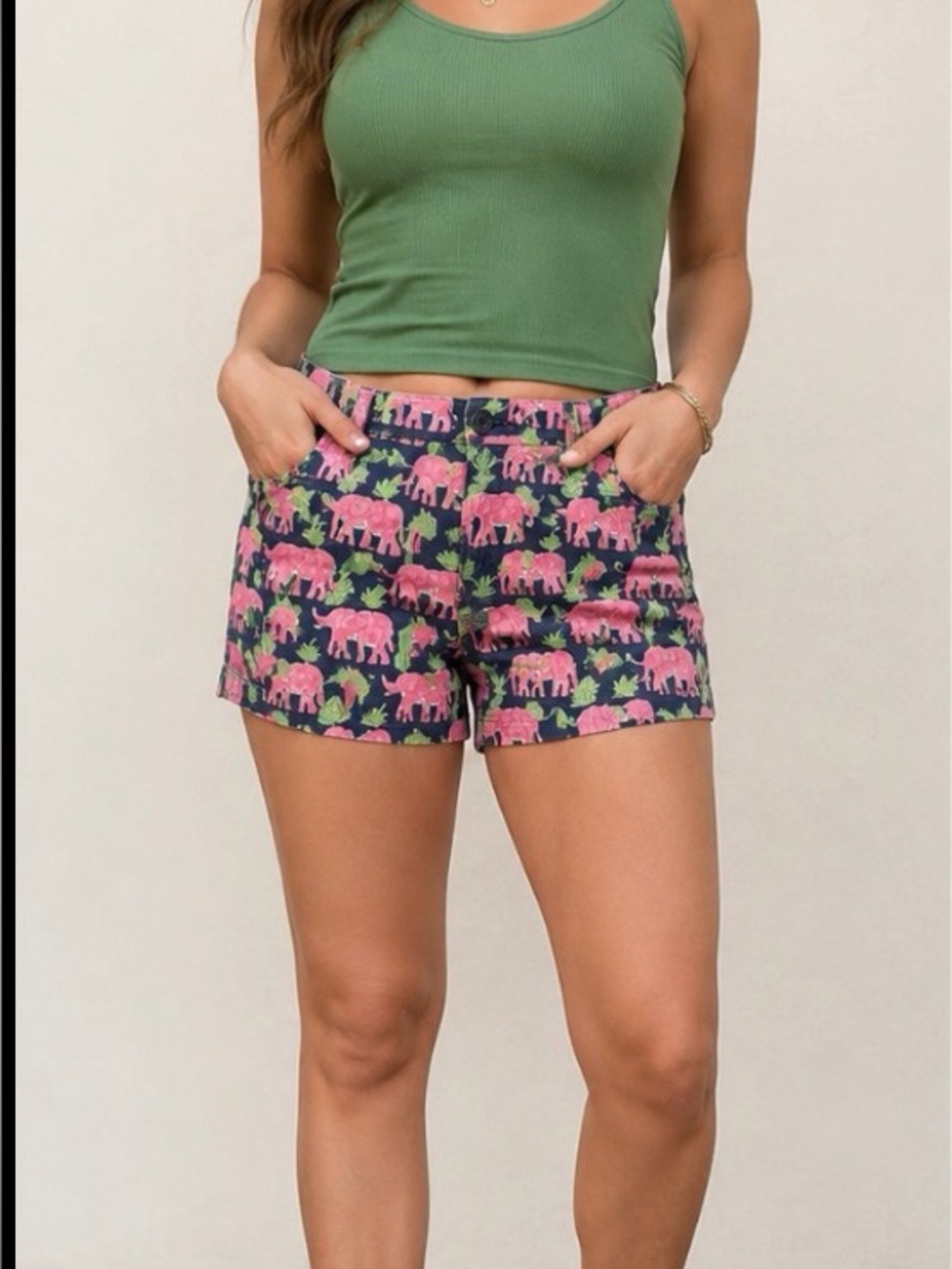 Simply Southern Navy Shorts with Pink Elephant and Green Leaf Print
